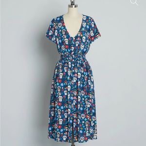 Inspired anytime ModCloth midi skull dress day of the dead